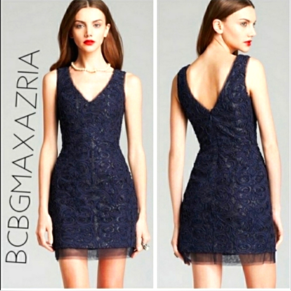 BCBG MaxAzria Marissa Lace Rosette V Neck Shift Sheath Dress Sz 2 Midnight Blue